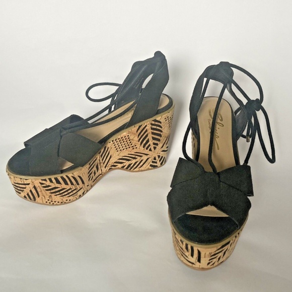 Sbicca Staycation Sandal Women Size 7 Black Leather Ankle Lace Up Platform Wedge - Picture 10 of 11